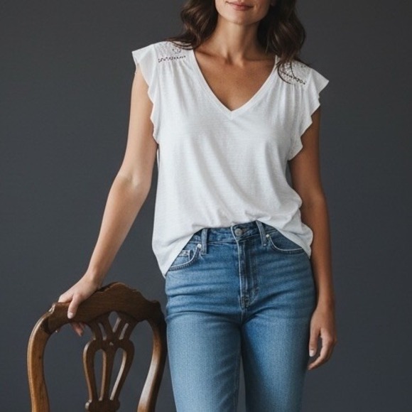 LOFT Tops - Womens M LOFT V-Neck White Boho Bohemian Indie Western Lace Eyelet Shirt Cotton